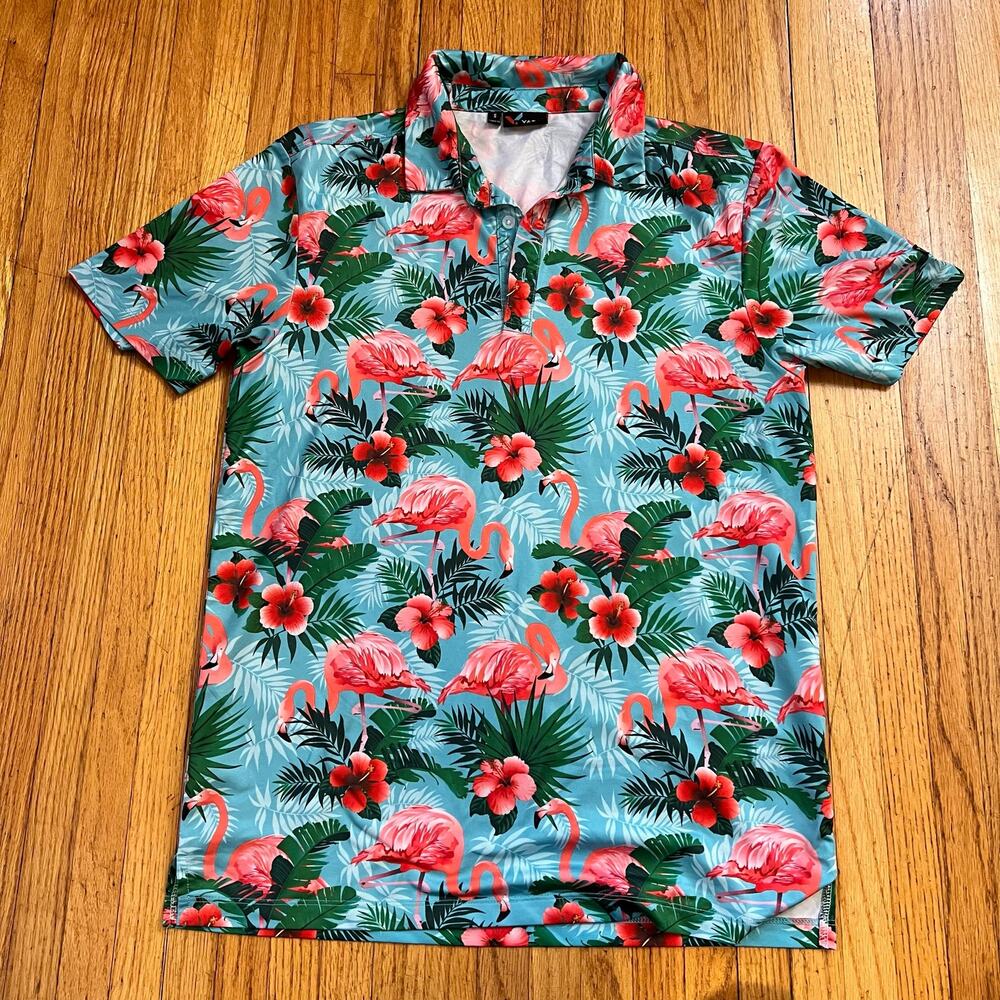 Yatta Golf Polo Shirt Mens Small Pau Hana Flamingo Floral Tour